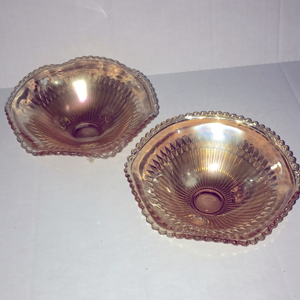 Very early Hi iridescent rare pattern set of Carnival glass candle/candy bowels